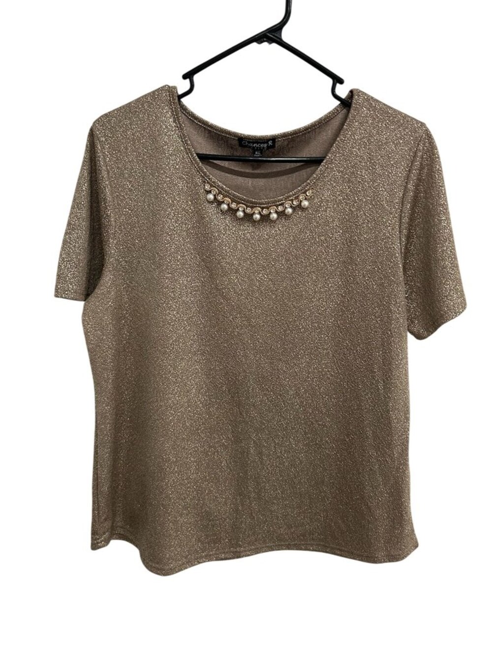 Chances R PXL Metallic Gold Top Pearl Rhinestone Neck Detail Glam Old Money
